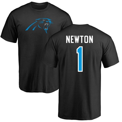 Carolina Panthers Men Black Cam Newton Name and Number Logo NFL Football #1 T Shirt->nfl t-shirts->Sports Accessory